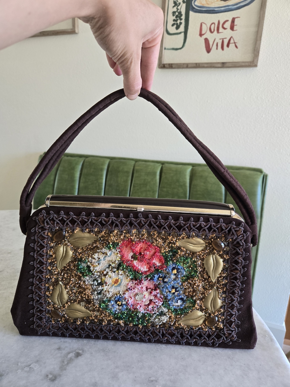 Vintage | Beaded Floral Tapestry Brown Tote